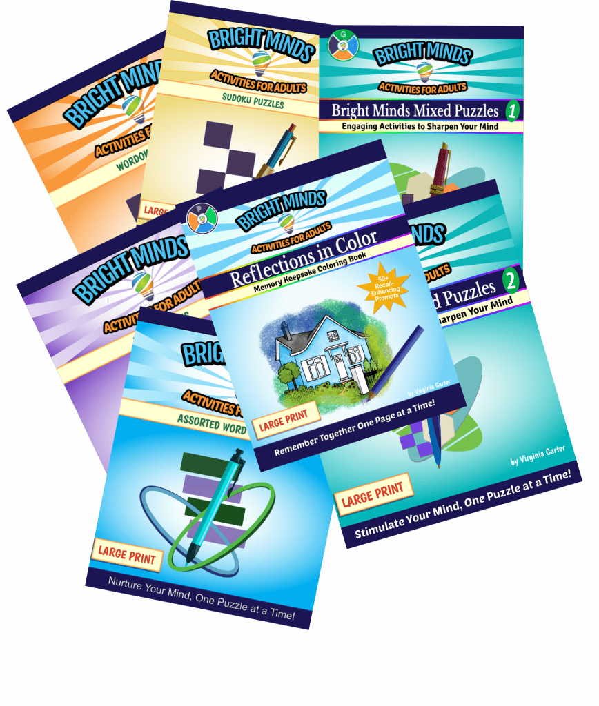 Book covers of the Bright Minds for Adults activity books series that improves brain health.