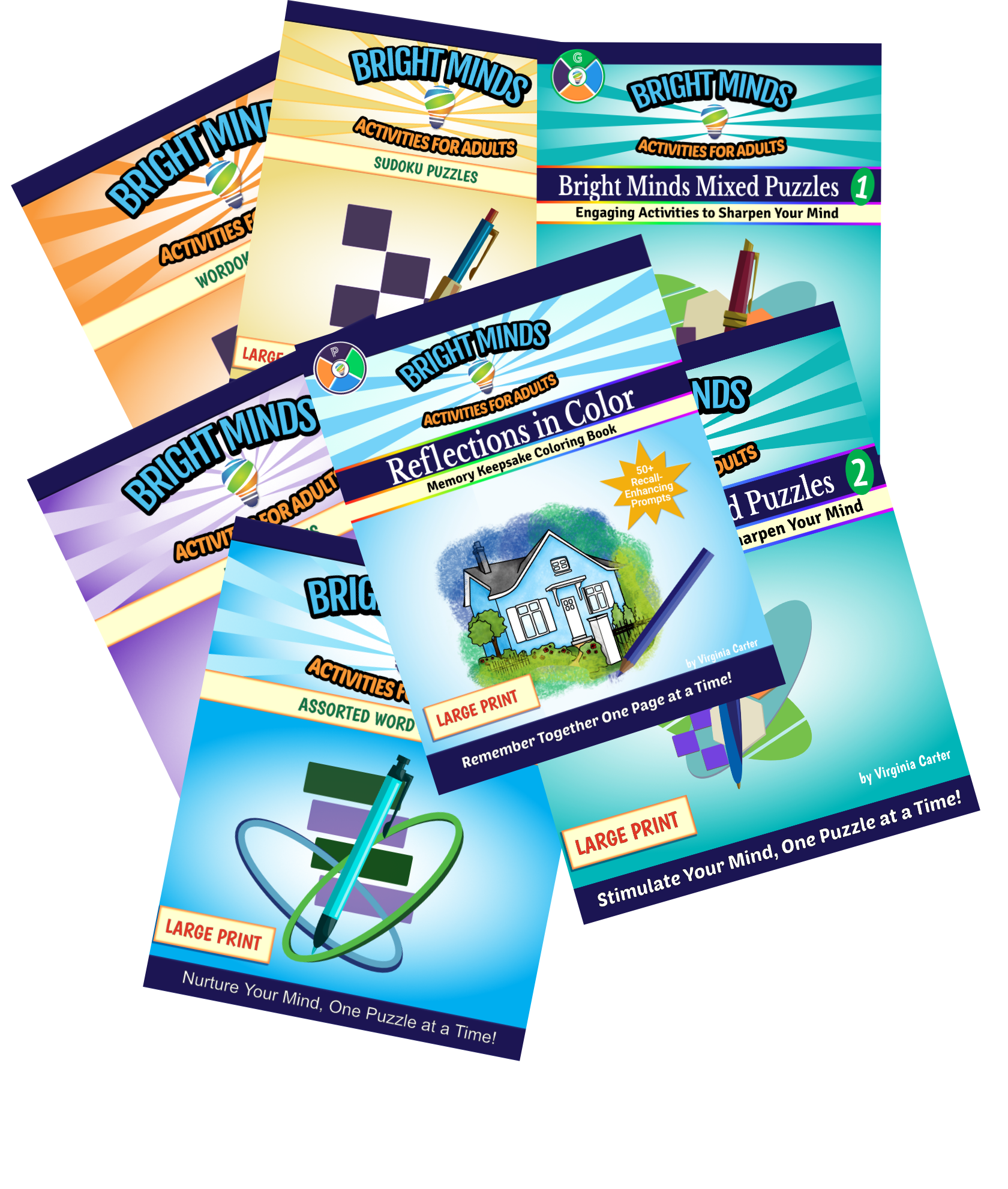 Book covers of the Bright Minds for Adults activity books.