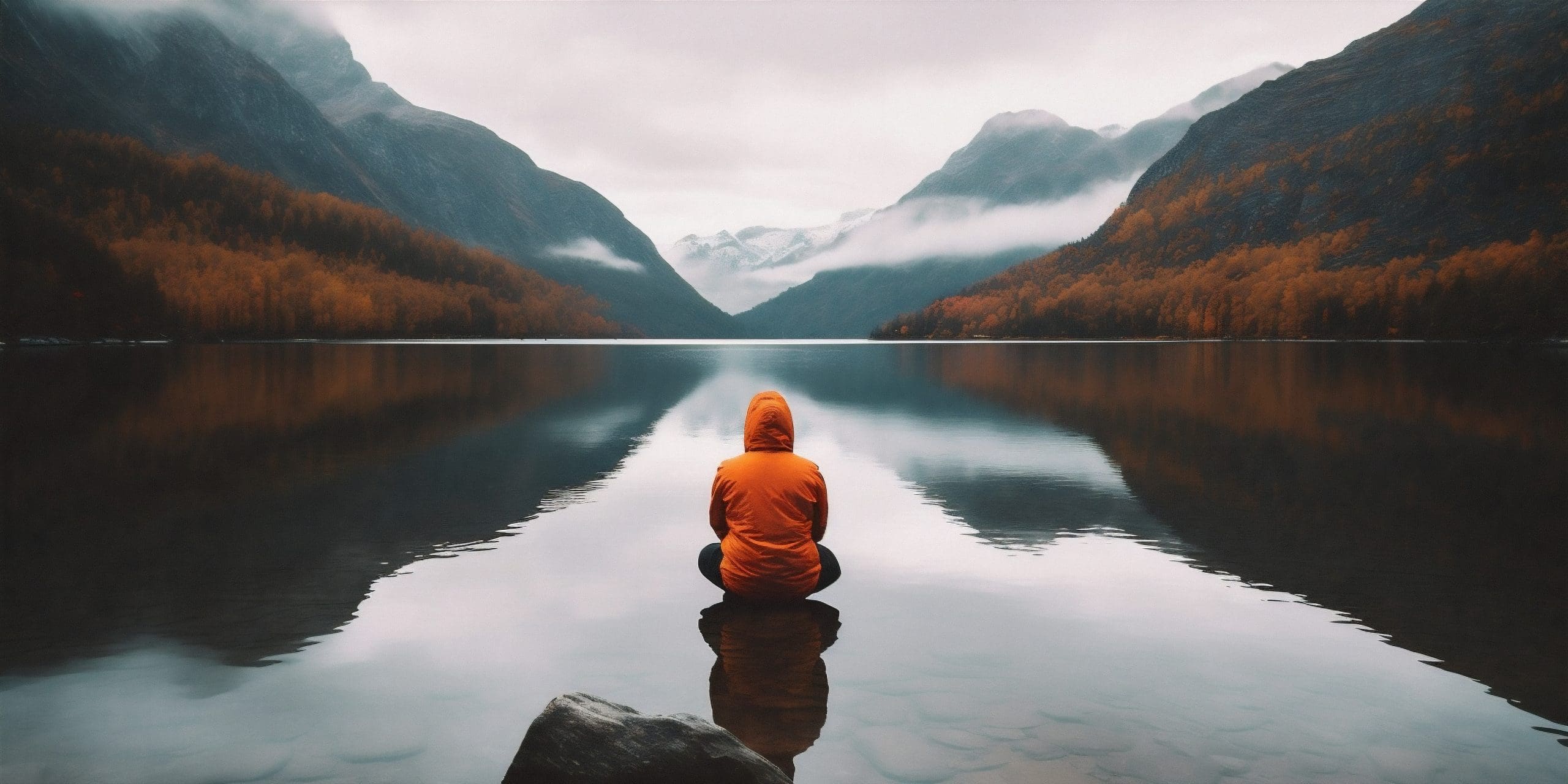 Man sitting at lake looking at mountains contemplating future