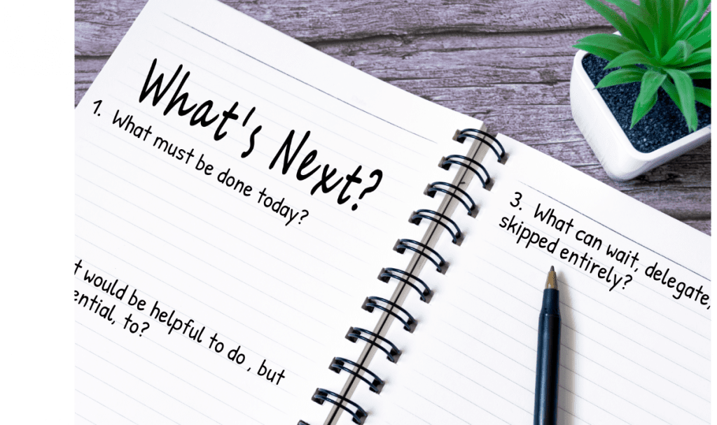 To help you prioritize when everything feels urgent, shows a notebook with 3 daily questions to help prioritize caregiving tasks and handle caregiver stress. 